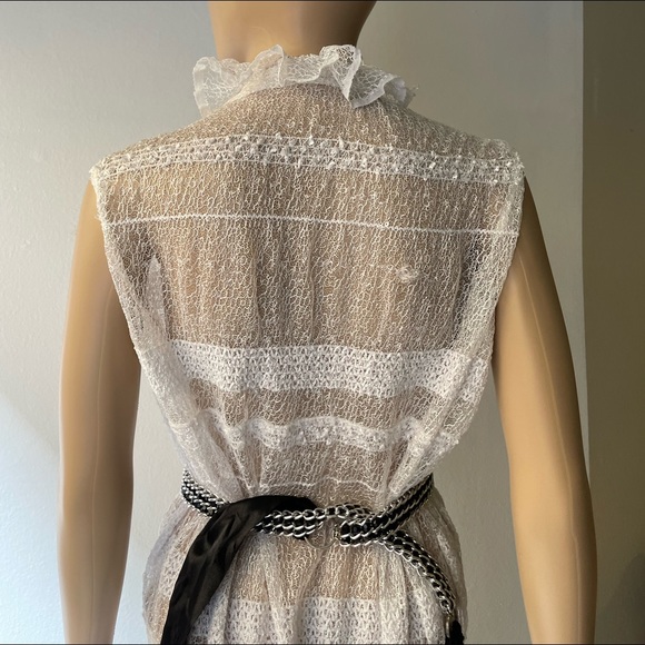 White lace sequined detail ruffled neck  cover up overall long dress OS - Picture 11 of 15